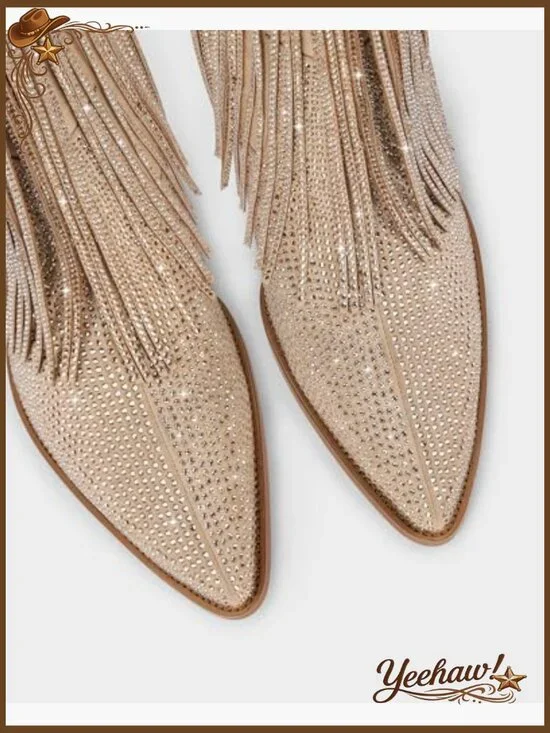 Suede Western Boots with Rhinestones and Fringe, Chunky Heel - Picture 6 of 7